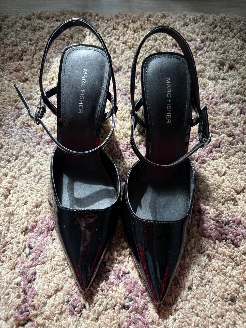 Marc Fisher Duster Block Black Patent Pointed Slingback Heels